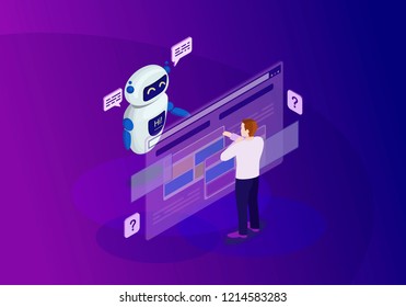 Chatbot isometric color vector illustration. Customer service infographic. Client use chat bot. Website assistance. Teacherbot. Future marketing. Technical support. Webpage, mobile app 3d concept