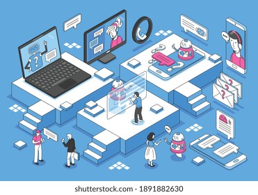 Concepto isométrico de Chatbot con ilustración vectorial de símbolos de comunicación y retroalimentación