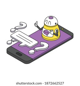 Chatbot isometric concept with mobile phone robot and question marks 3d vector illustration