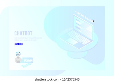 Chatbot Isometric concept with new messages and pop-up chatting on the laptop. Flat 3d isometric illustration EPS10.