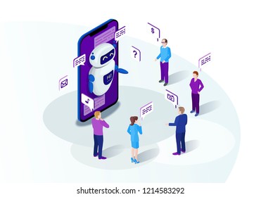 Chatbot isometric vector illustration. Chat bot receiving client messages, requests. Future marketing. Teacherbot. Website assistance. Customer service infographic. IOT 3d concept. Mobile app design