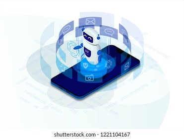 Chatbot isometric vector illustration. Chat bot receiving client messages. Future marketing. AI and business. Website assistance. Customer service infographic. IOT 3d concept. Mobile app design