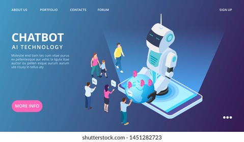 Chatbot landing page. Artificial intelligence vector web banner. Isometric AI robot with people and earth. Illustration of isometric robot ai, intelligence artificial virtual