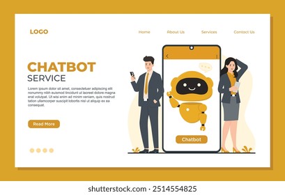 Modelo de página inicial do Chatbot. Ilustração de vetor plano do conceito de ai de bot de bate-papo
