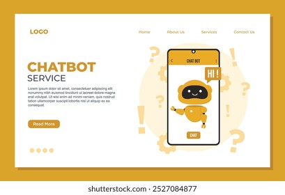 Chatbot landing page template vector website landing page design template with flat cartoon character and robot