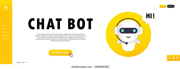 Chatbot in laptop illustration. Online assistant bot landing page template. Dialog, message. Technical support. For web page. Vector on isolated white background. EPS 10