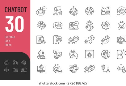 
Chatbot Line Editable Icons Set. Vektorgrafik im modernen, dünnen Stil mit Symbolen zur künstlichen Intelligenz: virtueller Assistent, Support, kreative Unterstützung und mehr. Einzeln auf transparentem Hintergrund.
