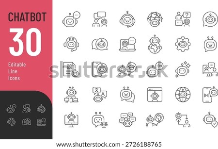 
Chatbot Line Editable Icons set. Vector illustration in modern thin style of artificial intelligence related icons: virtual assistant, support, creative ai, and more. Isolated on transparent background.
