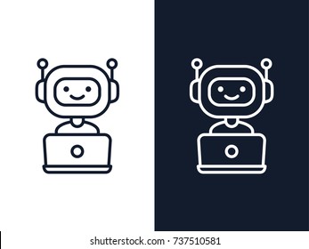 Chatbot line icon. Bot sign design. Cute robot working behind laptop. Smiling customer service robot. Flat line style vector illustration isolated on white and black backgrounds