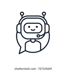 Chatbot Line Icon concept. Cute bot working in headphones inside speech bubble. Smiling customer service robot. Vector element isolated on white background