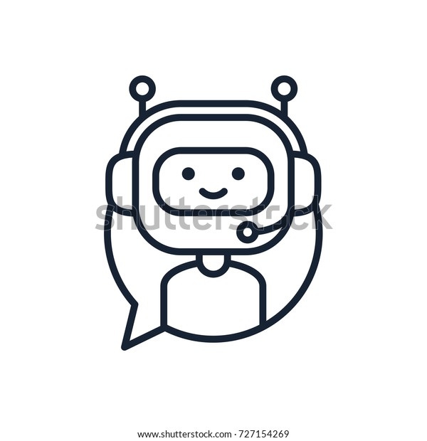 Chatbotラインアイコンコンセプト スピーチバブルの中でヘッドフォンで働くかわいいボット 笑顔の顧客サービスロボット 白い背景にベクター画像エレメント のベクター画像素材 ロイヤリティフリー