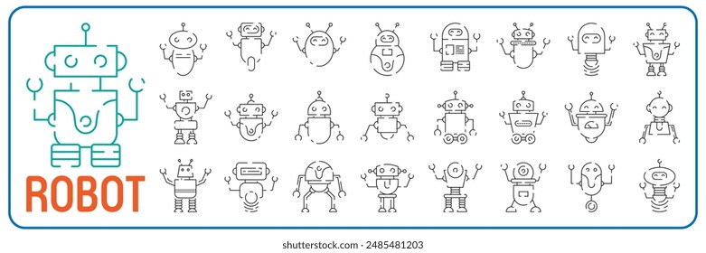 Conjunto de iconos de línea de chatbot. Robot humanoide. Asistencia personal por voz. Altavoz inteligente con inteligencia artificial. signo de Tecnología