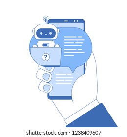 Chatbot line icon in trendy flat design. Man chatting with сhatbot in his smartphone. Hand holds mobile phone with messenger where robot talk with user. Vector blue illustration in outline style.