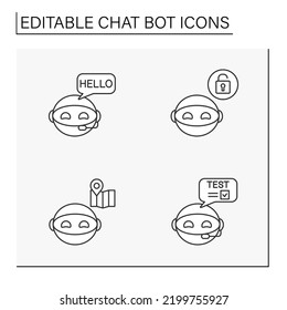 Chatbot line icons set. Bot help users. Communication and recommendations. Robot concepts. Isolated vector illustrations. Editable stroke