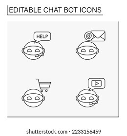 Chatbot line icons set. Bot help users. Communication and recommendations. Robot concepts. Isolated vector illustrations. Editable stroke