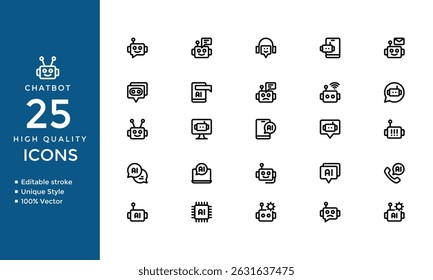 Chatbot Line Icons Set – Outline Vector Collection of AI, Machine Learning, Robotics, Automation, and Big Data Symbols