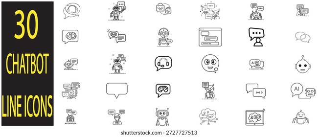Conjunto de iconos de línea de chatbot que representan la conversación de inteligencia artificial