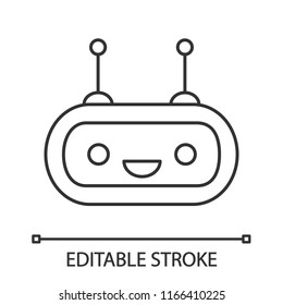 Chatbot linear icon. Thin line illustration. Talkbot. Laughing chat bot. Modern robot. Virtual assistant. Conversational agent. Contour symbol. Vector isolated outline drawing. Editable stroke