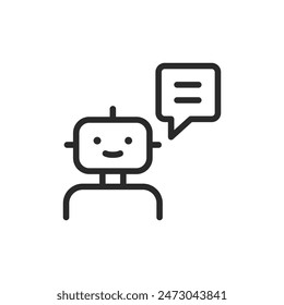 Chatbot, linear style icon. Smiling robot with a speech bubble, an automated chat service. Editable stroke width.