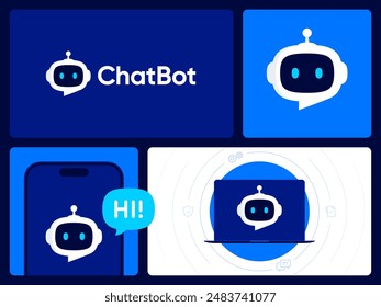 ChatBot logo design. Artificial Intelligence business identity concept. Virtual smart assistant Bot icon. Robot head with speech bubble. Customer support service Chat Bot. Vector illustration