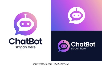 Ilustração do modelo de design do logotipo do Chatbot. Design vetorial conceito robô com bate-papo bolha símbolo ícone gráfico