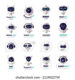 Chatbot logo. Virtual future electronic cyborg characters android faces messenger templates recent vector colored pictures identity