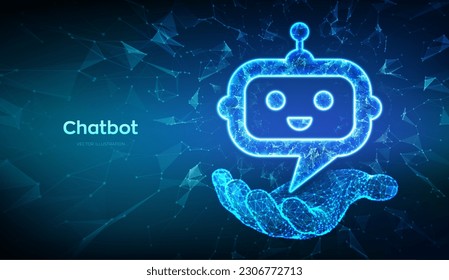 Bot de charla. Robot abstracto de baja polilla Icono de cabeza de chat en mano. Símbolo de mensaje de burbuja de voz. Nube de diálogo. Signo de aplicación de asistente de Chatbot. Concepto de IA. Ilustración vectorial poligonal 3D.