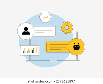 Chatbot Marketing for Lead Generation. Implement chatbots to engage visitors and generate leads through conversations. AI agents Chatbot gathering user info and qualifying leads vector illustration