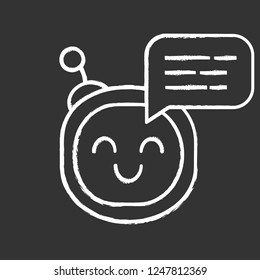 Chatbot message chalk icon. Talkbot. Circle head laughing chat bot. Modern robot. Virtual assistant. Conversational agent. Isolated vector chalkboard illustration