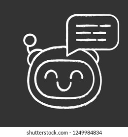 Chatbot message chalk icon. Talkbot. Laughing chat bot. Modern robot. Virtual assistant. Conversational agent. Isolated vector chalkboard illustration