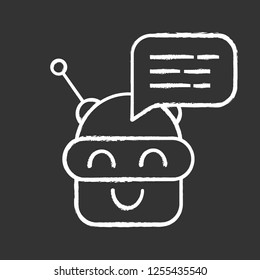 Chatbot message chalk icon. Talkbot. Modern robot. Android laughing chat bot. Virtual assistant. Conversational agent. Isolated vector chalkboard illustration
