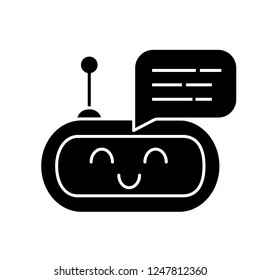 Chatbot message glyph icon. Talkbot. Laughing chat bot. Modern robot. Virtual assistant. Conversational agent. Silhouette symbol. Negative space. Vector isolated illustration