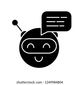 Chatbot message glyph icon. Talkbot. Circle head laughing chat bot. Modern robot. Virtual assistant. Conversational agent. Silhouette symbol. Negative space. Vector isolated illustration