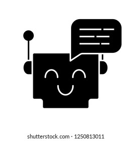 Chatbot message glyph icon. Talkbot. Modern robot. Square head laughing chat bot. Virtual assistant. Conversational agent. Silhouette symbol. Negative space. Vector isolated illustration