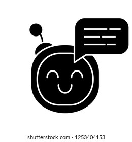 Chatbot message glyph icon. Talkbot. Circle head laughing chat bot. Modern robot. Virtual assistant. Conversational agent. Silhouette symbol. Negative space. Vector isolated illustration