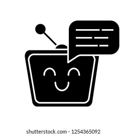 Chatbot message glyph icon. Talkbot. Modern robot. TV laughing chat bot. Virtual assistant. Conversational agent. Silhouette symbol. Negative space. Vector isolated illustration