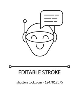 Chatbot message linear icon. Talkbot. Modern robot. Thin line illustration. Android laughing chat bot. Virtual assistant. Conversational agent. Contour vector isolated outline drawing. Editable stroke