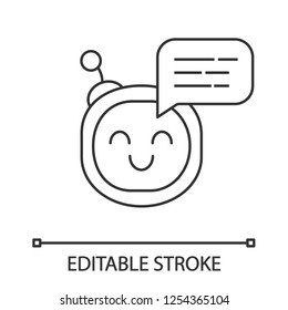 Chatbot message linear icon. Talkbot. Circle head laughing chat bot. Thin line illustration. Modern robot. Virtual assistant. Conversational agent. Contour vector isolated drawing. Editable stroke