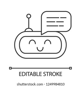 Chatbot message linear icon. Thin line illustration. Talkbot. Laughing chat bot. Modern robot. Virtual assistant. Conversational agent. Contour symbol. Vector isolated outline drawing. Editable stroke