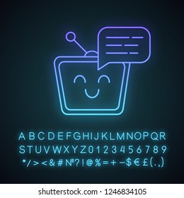 Chatbot message neon light icon. Talkbot. Modern robot. TV laughing chat bot. Virtual assistant. Conversational agent. Glowing sign with alphabet, numbers and symbols. Vector isolated illustration