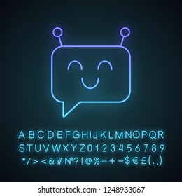 Chatbot message neon light icon. Talkbot. Modern robot. Square head laughing chat bot. Virtual assistant. Conversational agent. Glowing alphabet, numbers and symbols. Vector isolated illustration