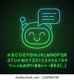 Chatbot message neon light icon. Talkbot. Laughing chat bot. Modern robot. Virtual assistant. Conversational agent. Glowing sign with alphabet, numbers and symbols. Vector isolated illustration