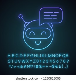 Chatbot message neon light icon. Talkbot. Circle head laughing chat bot. Modern robot. Virtual assistant. Conversational agent. Glowing sign with alphabet, numbers. Vector isolated illustration