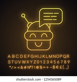 Chatbot message neon light icon. Talkbot. Modern robot. Android laughing chat bot. Virtual assistant. Conversational agent. Glowing sign with alphabet, numbers, symbols. Vector isolated illustration
