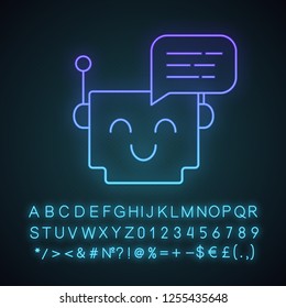 Chatbot message neon light icon. Talkbot. Modern robot. Square head laughing chat bot. Virtual assistant. Conversational agent. Glowing alphabet, numbers and symbols. Vector isolated illustration