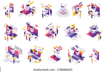 Chatbot Messenger Ai Applications Isometric Set With Personal Time Finance Business Manager Bot Creation Isolated Vector Illustration