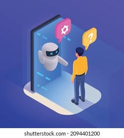Chatbot messenger program concept with support symbols isometric vector illustration