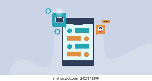 Chatbot mobile app, Chat bot providing support through mobile devices, Artificial intelligence, AI conversation with human through mobile devices - vector illustration banner with icons