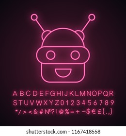 Chatbot neon light icon. Talkbot. Modern robot. Android laughing chat bot. Virtual assistant. Conversational agent. Glowing sign with alphabet, numbers and symbols. Vector isolated illustration