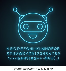 Chatbot neon light icon. Talkbot. Circle head laughing chat bot. Modern robot. Virtual assistant. Conversational agent. Glowing sign with alphabet, numbers and symbols. Vector isolated illustration